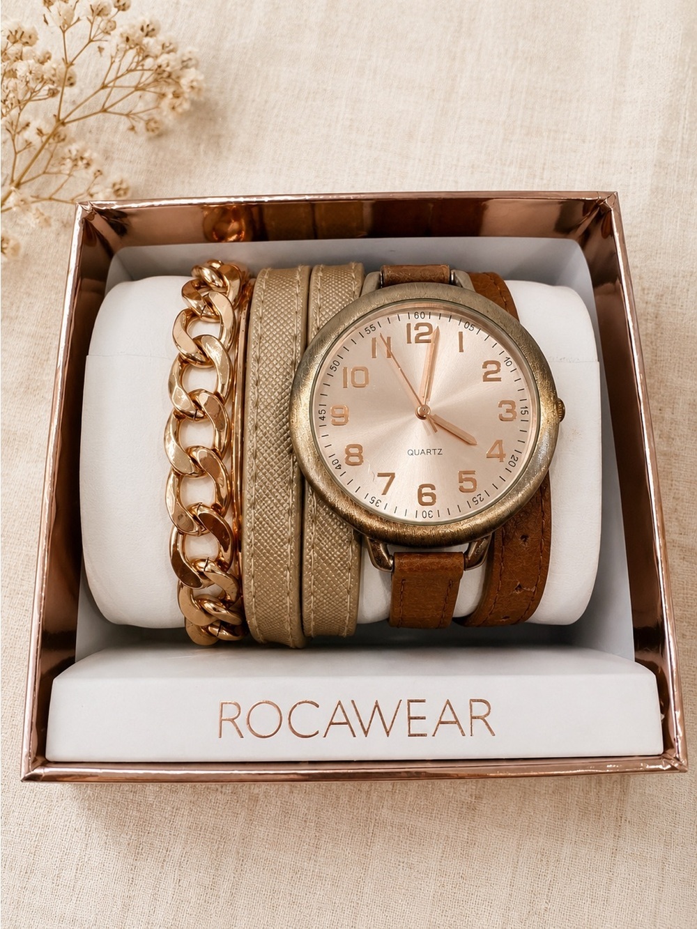 Rocawear Rose Gold Wrap Watch Bracelet Set | Boho Glam Layered Wristlet
